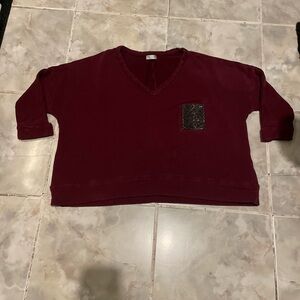 BRUNELLO CUCINELLI V-Neck Shirt Women Half Sleeve Cotton Pullover Beaded SZ 40